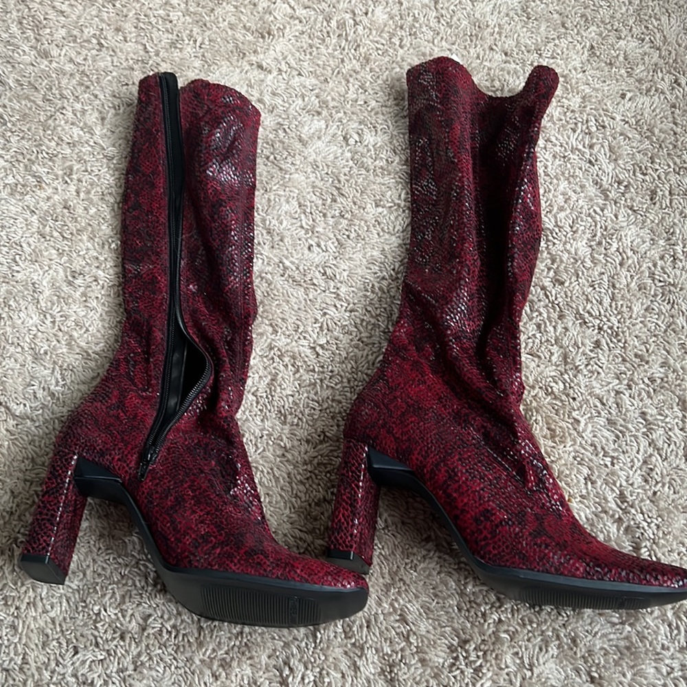 Faux Red Snakeskin Knee High Heeled Boots